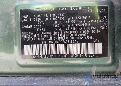 2010 Subaru Outback 2.5I Premium from USA, damaged, VIN 4S4BRCCC7A3346015